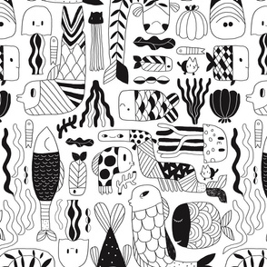 Doodle fish pattern. Black and white