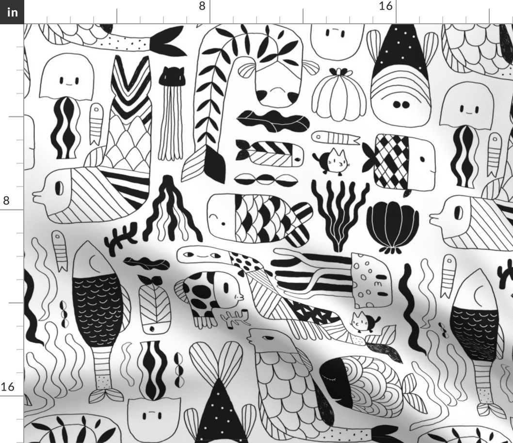 Doodle fish pattern. Black and white