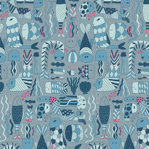 Doodle fish pattern. Blue grey