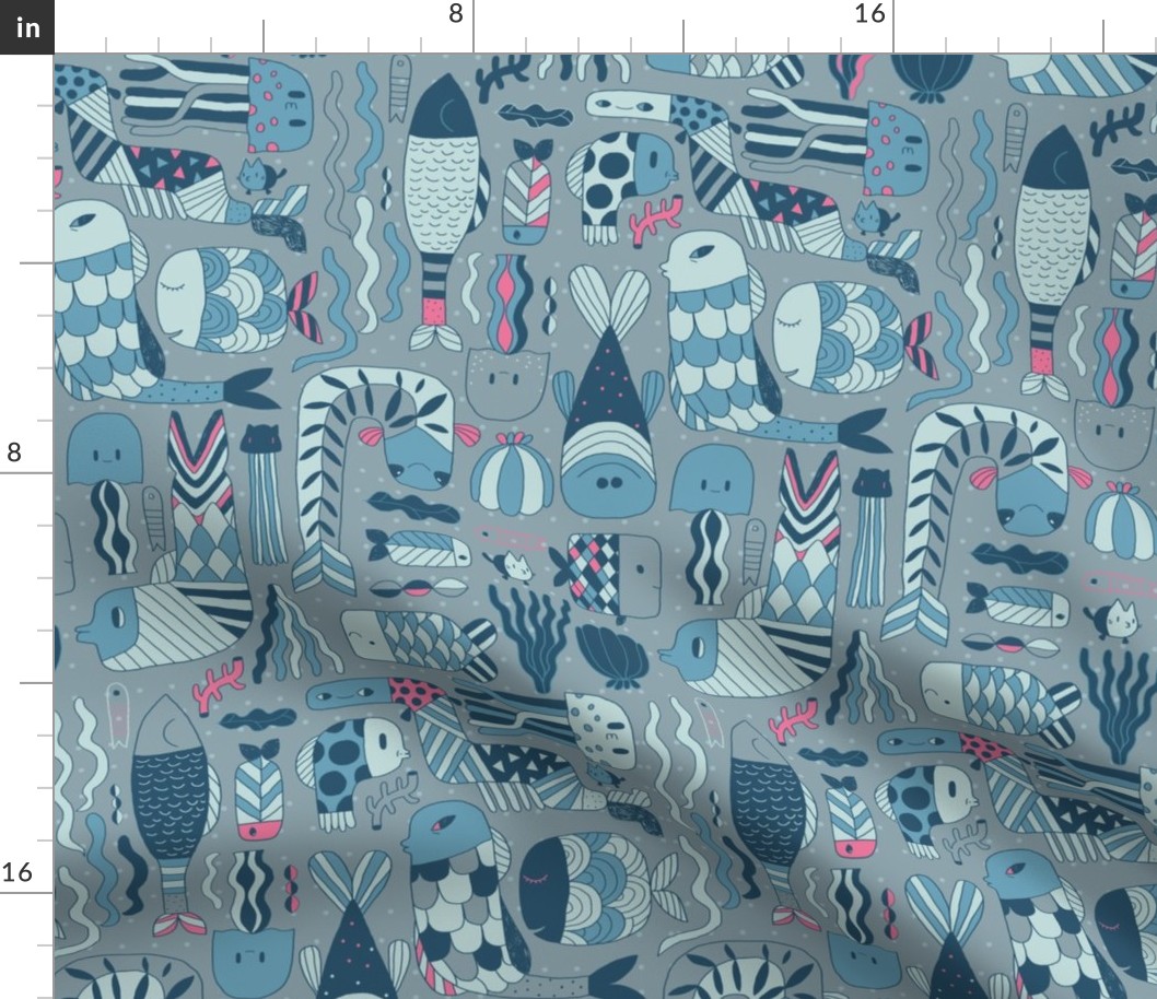 Doodle fish pattern. Blue grey