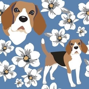 Beagle Dog White Magnolia Flowers Large Print blue denim dog  floral fabric