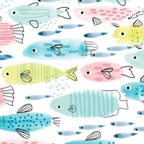 12 inch Watercolor Pastel School of Fish Fabric and Wallpaper