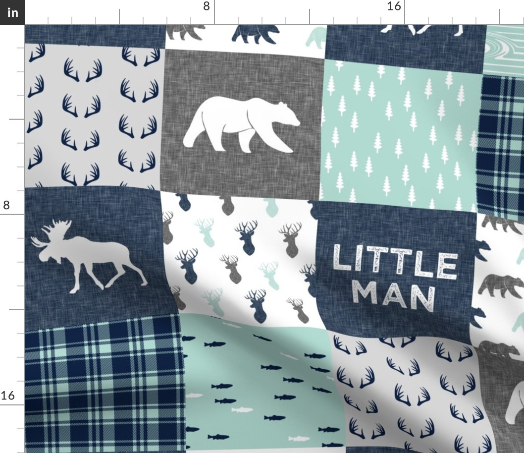 Little Man - Woodland Patchwork - Fishing, Bear, and Moose (navy)