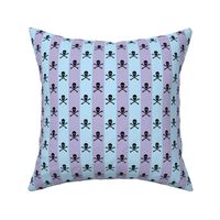 black skull and crossbones on blue and lavender stripe