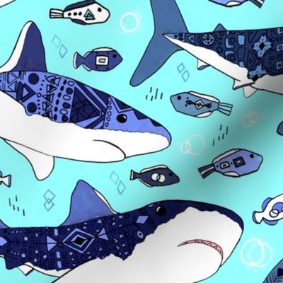Sharks and Fish on Aqua Blue  - Big