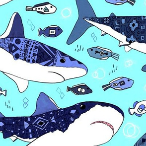 Sharks and Fish on Aqua Blue  - Big