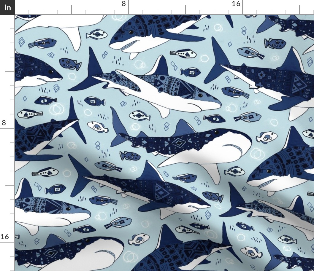 Sharks and Fish on Baby Blue  - Large Scale