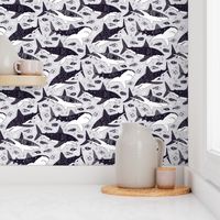Monochrome Sharks and Fish on Soft Grey - Large Scale