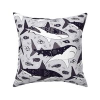 Monochrome Sharks and Fish on Soft Grey - Large Scale