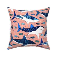 Sharks and Fish on Flamingo Pink - Large Scale