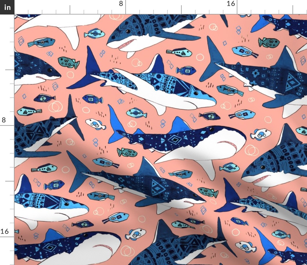 Sharks and Fish on Flamingo Pink - Large Scale