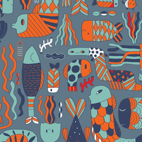 Doodle fish pattern. Orange blue green