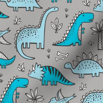 Dinosaurs in Blue on Grey