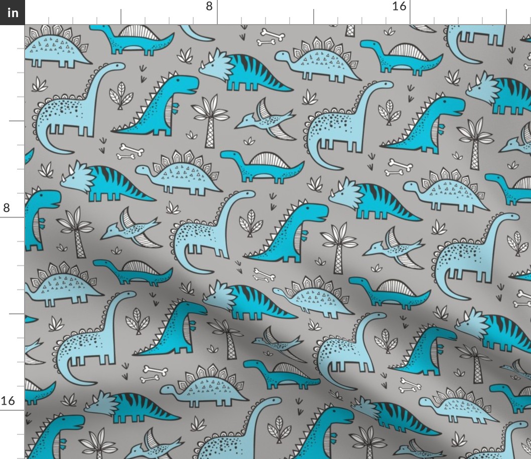 Dinosaurs in Blue on Grey