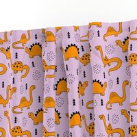 Adorable quirky dino illustration geometric dinosaur animals for kids black and white girls lilac purple orange