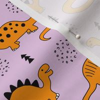 Adorable quirky dino illustration geometric dinosaur animals for kids black and white girls lilac purple orange