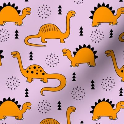 Adorable quirky dino illustration geometric dinosaur animals for kids black and white girls lilac purple orange