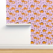 Adorable quirky dino illustration geometric dinosaur animals for kids black and white girls lilac purple orange