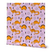 Adorable quirky dino illustration geometric dinosaur animals for kids black and white girls lilac purple orange