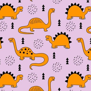 Adorable quirky dino illustration geometric dinosaur animals for kids black and white girls lilac purple orange