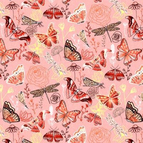 Dragonflies, Butterflies And Moths In Coral, Orange Mustard, Yellow And Red - Small