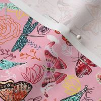 Dragonflies, Butterflies And Moths On Blush With Teal And Coral - Small