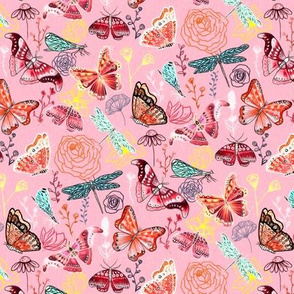 Dragonflies, Butterflies And Moths On Blush With Teal And Coral - Small