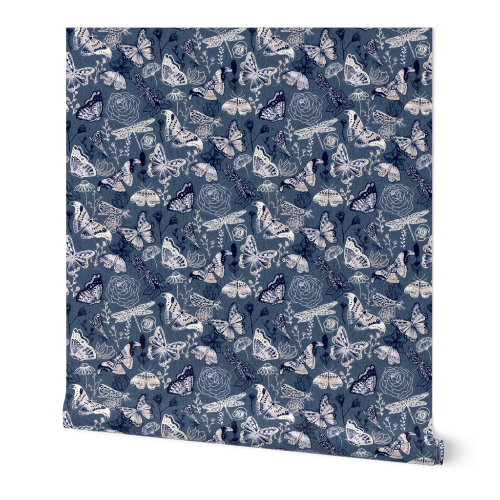 Dragonflies, Butterflies And Moths In White, Navy And Grey Blue - Small