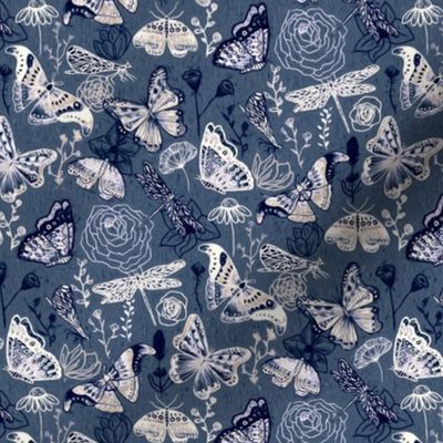 Dragonflies, Butterflies And Moths In White, Navy And Grey Blue - Small