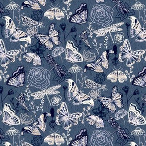 Dragonflies, Butterflies And Moths In White, Navy And Grey Blue - Small