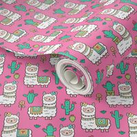 llamas  Alpaca Cactus & Flowers on Dark Pink Smaller Tiny