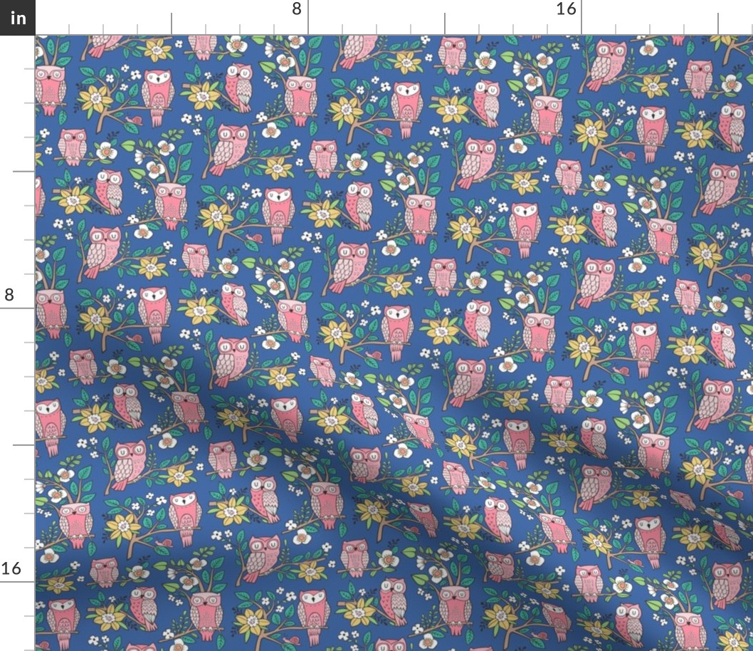 Owls and Flowers on Blue Navy Smaller Tiny 1,5 inch