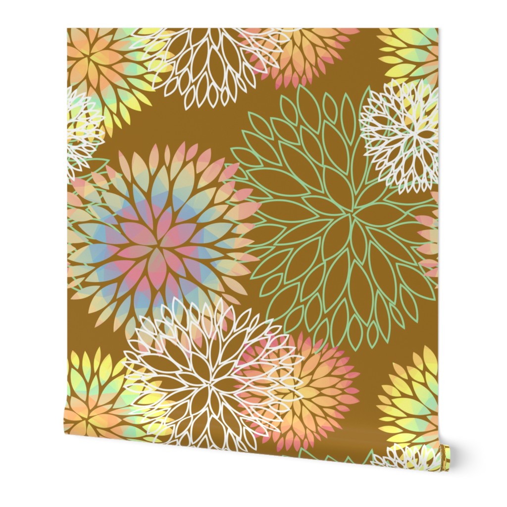 Rainbow Spring Flowers Pattern - Abstract Peonies On Mustard Yellow Background