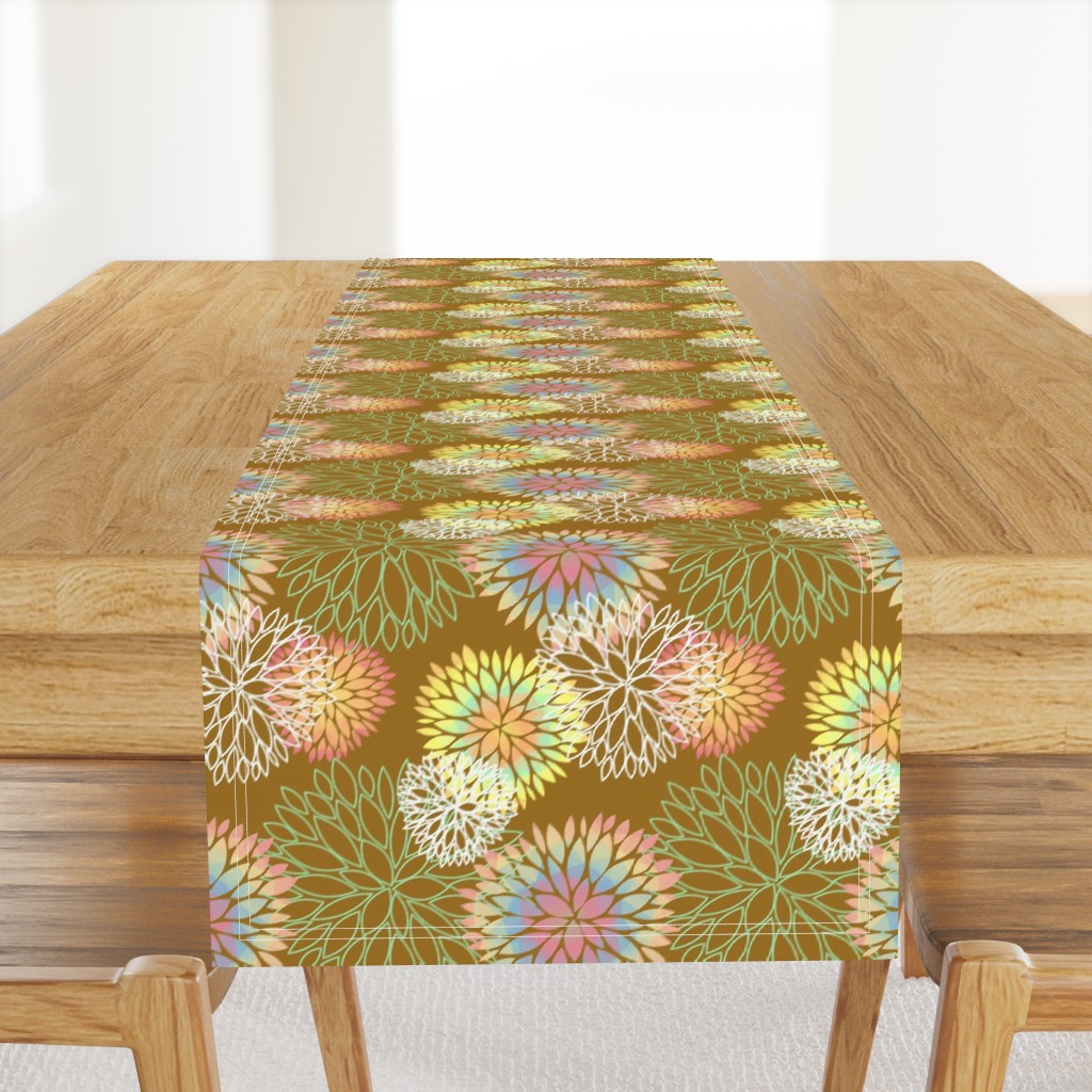 Rainbow Spring Flowers Pattern - Abstract Peonies On Mustard Yellow Background