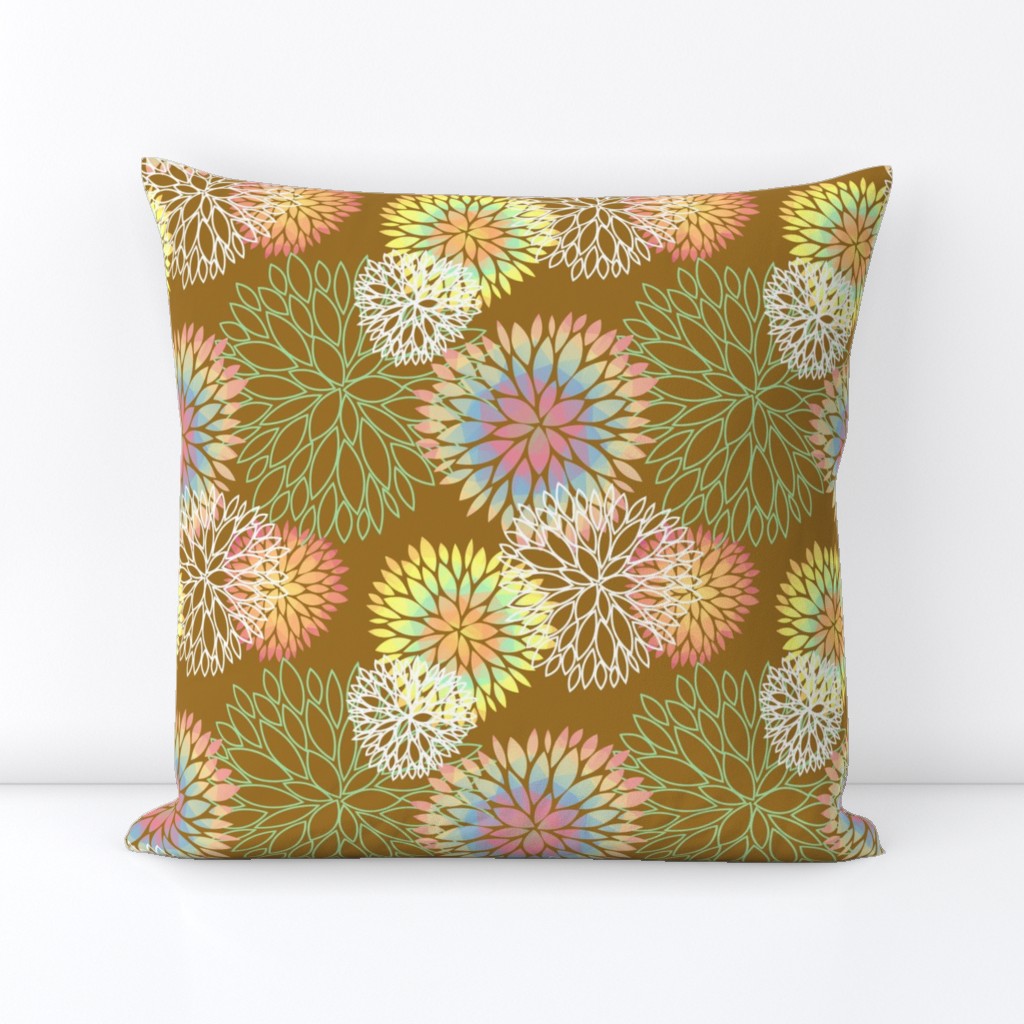 Rainbow Spring Flowers Pattern - Abstract Peonies On Mustard Yellow Background