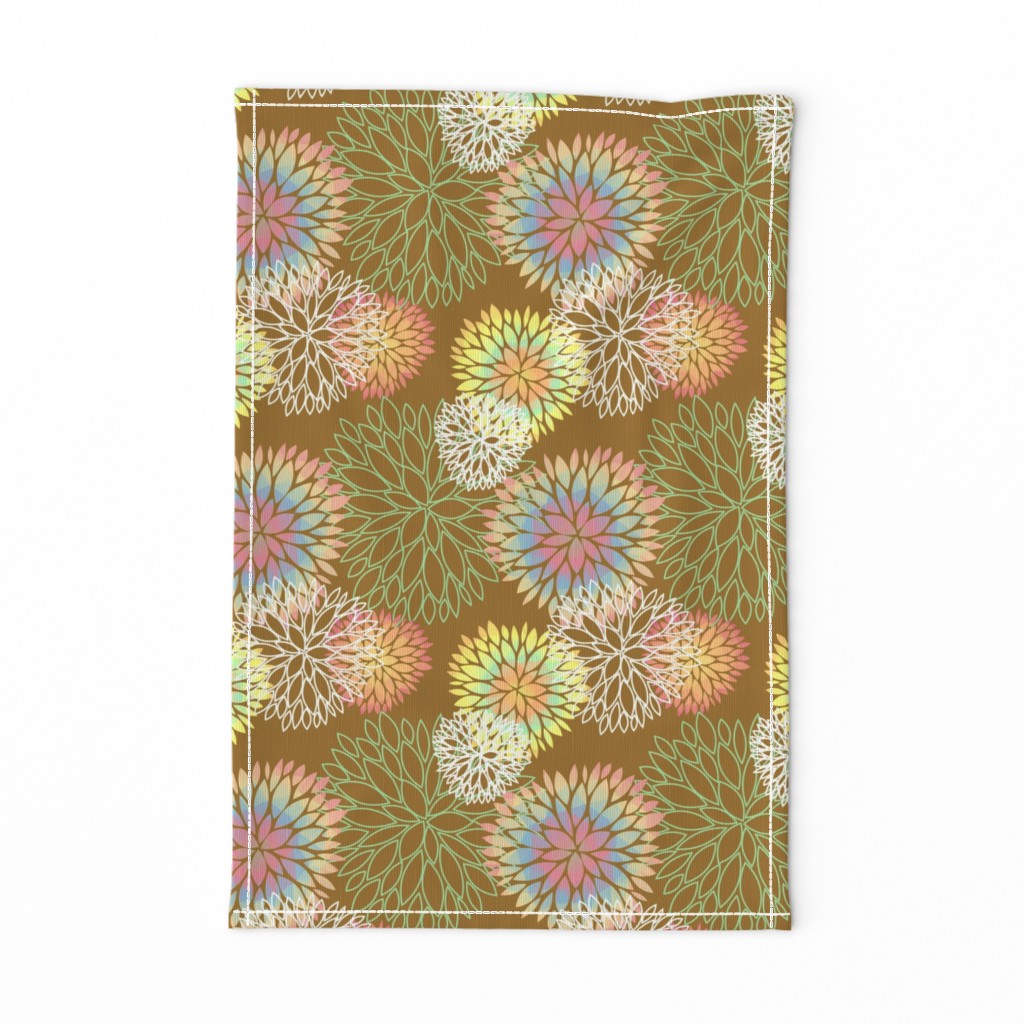 Rainbow Spring Flowers Pattern - Abstract Peonies On Mustard Yellow Background