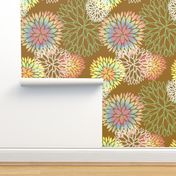 Rainbow Spring Flowers Pattern - Abstract Peonies On Mustard Yellow Background