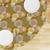 Rainbow Spring Flowers Pattern - Abstract Peonies On Mustard Yellow Background