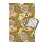 Rainbow Spring Flowers Pattern - Abstract Peonies On Mustard Yellow Background