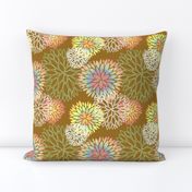 Rainbow Spring Flowers Pattern - Abstract Peonies On Mustard Yellow Background