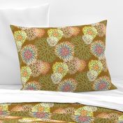 Rainbow Spring Flowers Pattern - Abstract Peonies On Mustard Yellow Background