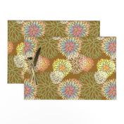 Rainbow Spring Flowers Pattern - Abstract Peonies On Mustard Yellow Background