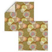 Rainbow Spring Flowers Pattern - Abstract Peonies On Mustard Yellow Background