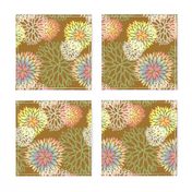 Rainbow Spring Flowers Pattern - Abstract Peonies On Mustard Yellow Background