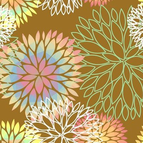 Rainbow Spring Flowers Pattern - Abstract Peonies On Mustard Yellow Background