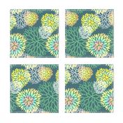 Rainbow Spring Flowers Pattern - Abstract Peonies On Teal Blue Background