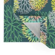 Rainbow Spring Flowers Pattern - Abstract Peonies On Teal Blue Background