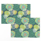 Rainbow Spring Flowers Pattern - Abstract Peonies On Teal Blue Background