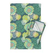 Rainbow Spring Flowers Pattern - Abstract Peonies On Teal Blue Background