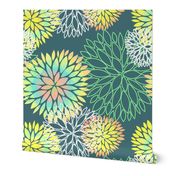 Rainbow Spring Flowers Pattern - Abstract Peonies On Teal Blue Background